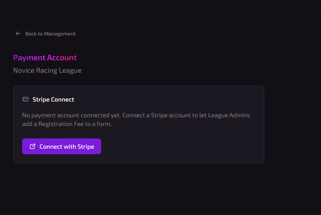 Screenshot of a RaceLink league registration form with a paid registration fee field.