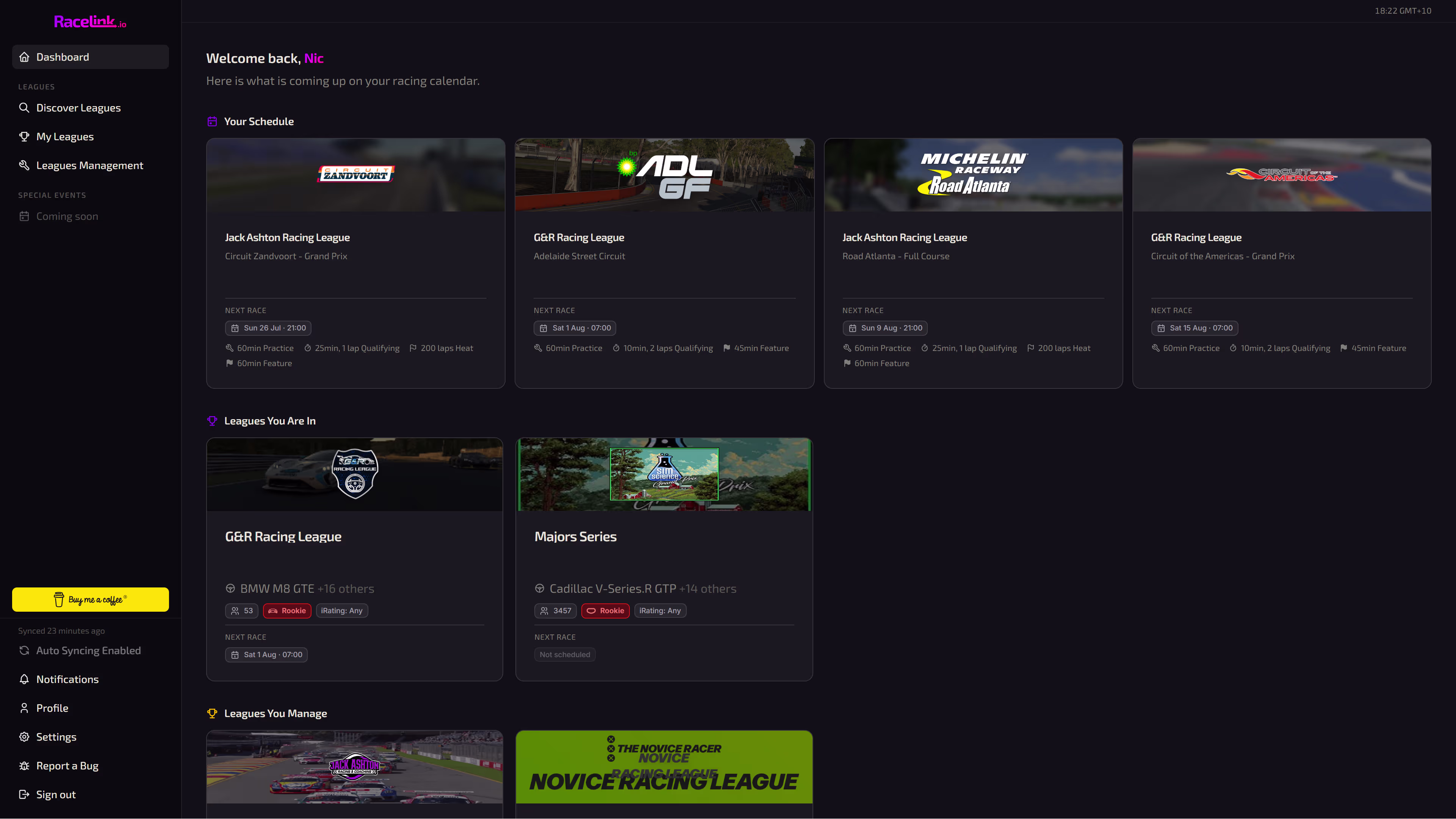 Screenshot of the RaceLink dashboard, showing a league's schedule, standings, and roster synced from iRacing.