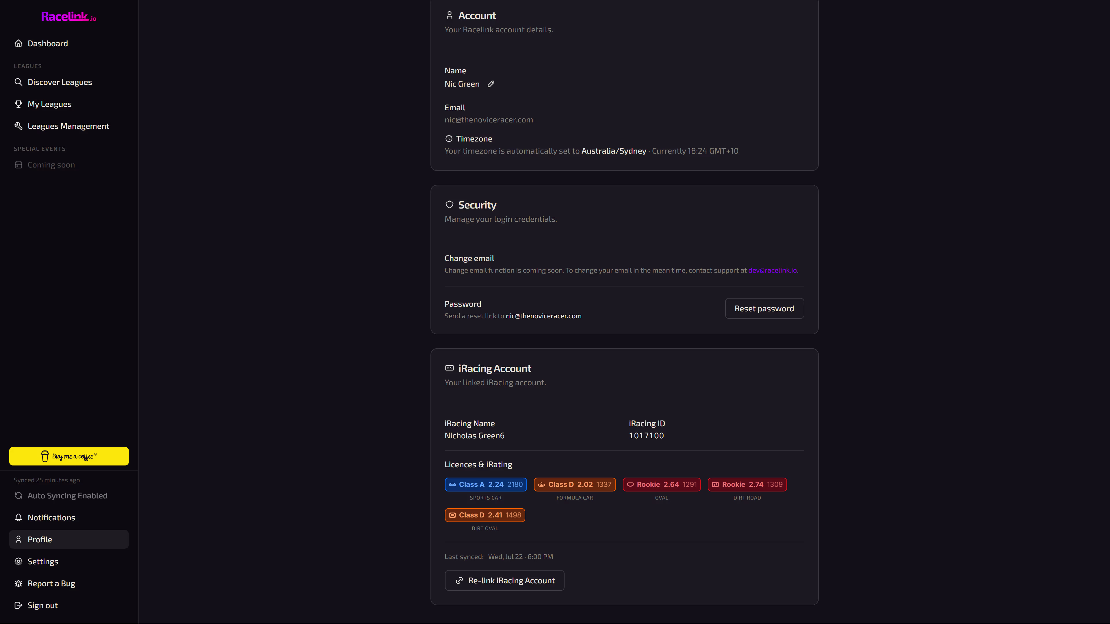 Screenshot of a RaceLink member profile, synced automatically from iRacing.